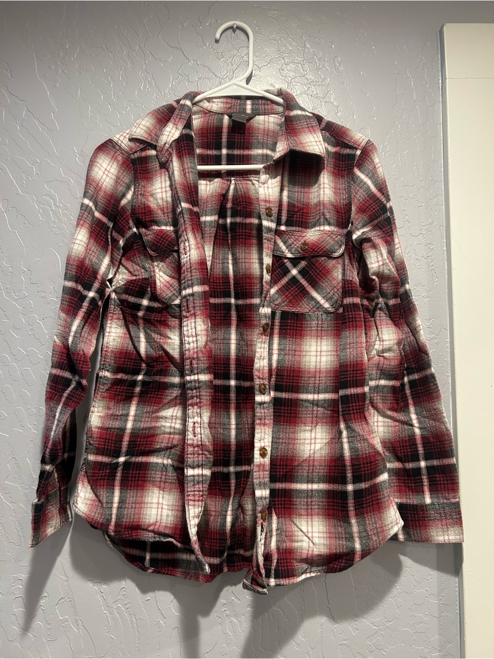 Eddie Bauer Red, Black, and White Plaid Button-Down Shirt